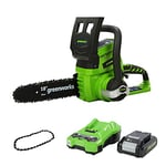 Greenworks Tools 2000007UA/20097T Cordless Chainsaw with 2 Ah Battery and Charger, 24 V, Green, 25 cm+Greenworks 25cm (10") Saw Bar Oregon - 29587