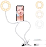 Powcan Selfie Ring Light with Cell Phone Holder Stand for Live Stream Makeup, 3-Light Mode, 10-Level Brightness LED Desk Lamp, Lazy Bracket Long Arms Mobile Phone Clip Holder for iPhone/Android