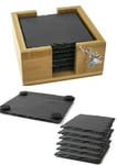 6 Square Slate Coasters in a Bamboo Holder with a pewter A21 Stag’s Head