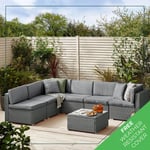 ORLANDO Black 6 Seater PE Rattan Outdoor Garden Modular Sofa Set with Glass Topped Coffee Table and Grey Cushions