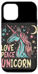 Coque pour iPhone 13 Licorne amusante avec corne colorée avec amour et paix