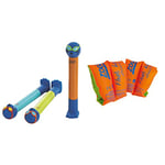 Zoggs Dive Sticks Pool Toys, Confidence Building Diving Sticks, Safe Swimming Pool Toys, Swimming Toys, Blue/Lime/Orange (3 Pk) & Children's Safe Float Arm Bands, Orange, 3-6 Years up to 25 kg