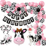 Funny Cow Party Decorations Balloon 85pcs Arch Garland Kit with Happy Birthday Banner, Cow Print Balloons Baby Pink Balloons, Walking Cow Mylar Balloon for Farm Birthday Party Farm Animal Theme Party