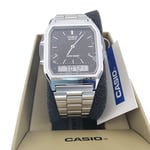 New Casio Vintage Retro Silver Black Dial Dual Time Steel Watch AQ-230A-1DMQ