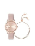 Ted Baker Rose Gold Case Pink Sunray Dial With White Crystals Stars, Pink Leather Strap & "Icon Crystal" Bracelet Gift Set