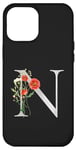 Coque pour iPhone 15 Pro Max Lettre N florale en titane noir personnalisable