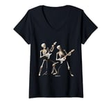 Womens Skeleton Playing Guitar Band - Rock Style Halloween Graphic V-Neck T-Shirt