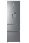Haier HTR3619FWMP Freestanding Combi Fridge Freezer with Non-plumbed water dispenser, F Energy Rated, 435L Total Net Capacity, 59.5cm wide, Platinum Inox Finish