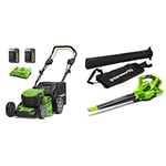 Greenworks 2x24V 46cm Battery Power GD24X2LM46SPK4X with 2X 4 Ah Battery and Dual Slot Charger & 2X24V Cordless Leaf Vacuum and Leaf Blower 2-in-1 GD24X2BV Tool Only