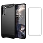 Phone Case for Oneplus Nord /5G and Tempered Glass Screen Protector Film Cover with Accessories Slim Thin Shockproof Soft Silicone Carbon Fiber TPU oneplusnord 1 plus 1plus one+ one + 1+ one+ Black