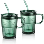 450 ml glas med lock och sugrör, iskaffe glas med sugrör och lock, set med 2 gröna vattenglas med sugrör