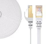 Elfcam® - 15m Câble Réseau Ethernet RJ45, Cat 7 STP 100% Cuivre, Câble Plat, 32 AWG, Blanc (15M)