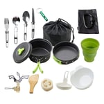 Camping Cookware Kit 18 Pcs, Backpacking Gear & Hiking, Fishing Outdoors Cooking Equipment Ultralight Cooking Set with Compact & Durable Pot Pan Bowls-green