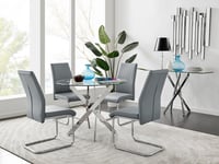 Novara Clear Tempered Glass 100cm Round Dining Table with Chrome Starburst Legs & 4 Lorenzo Faux Leather Chairs