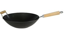 Dexam Heavy Gauge Non Stick Carbon Steel Wok with Wooden Helper Handle,Black,34cm/14-inch