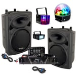 Pack Sono DJ300MKII Ibiza Ampli 480W - 2 Enceinte 500W Max - Table de Mixage - Micro - 3 Jeux Lumière PARTY-3PACK Astro Strobo Derby