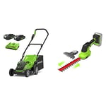 Greenworks Lawnmower, 24VX2 Mower 36 cm Cutting Width up to 250m² with 40 L Grass Catcher Bag, 5-Fold Central Cutting Height Adjustment+2x 2 Ah Battery+Charger+2-in-1 Shear-shrubber and Grass Trimmer