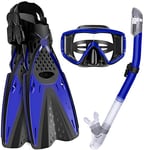 Nologo Snorkel Set - Fully Dry Top Snorkel with Silicon Mouth, impact-resistant tempered glass snorkeling mask, two bare-foot masks, snorkeling and fin/fin PVC,Blue,ML/XL