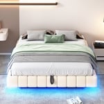 Stoppad säng med förvaringsutrymme 160x200 cm - utan huvudgavel - med LED-belysning - linne - beige (madrass ingår ej)