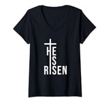 Womens He Is Risen Cross Jesus Easter Christian Religious Men Teens V-Neck T-Shirt