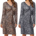 Women V-neck Leopaed Long-sleeve Bandage Dress Leopard L
