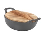 Cast Iron Wok W/2 Handle Wooden Lid Frying Pan W/Flat Base Uncoated For Stir UK