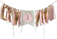Baby 1st Birthday Decoration Banner for Girls Boys High Chair Flag Banner Bunting Birthday Party Decorations Supplies（Golden/Pink）
