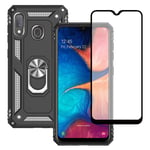 Yiakeng Samsung Galaxy A20e Case, Samsung A20e Case, With Tempered Glass Screen Protector, Silicone Shockproof Military Grade Protective Phone Cover with Ring Kickstand for Samsung Galaxy A20e (Black)