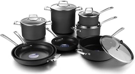 Amazon Brand – Eono Pot and Pan Set -Kitchen Cookware Set Non Stick Induction Hard Anodised Oven Usable Glass Lids -13-Piece,Black