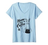 Womens Home Is Where The Coffee Is Funny Caffeine Llama V-Neck T-Shirt