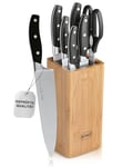 RÖSLE CUISINE Bloc Range Couteaux avec Insert en Brosse - Porte-Couteaux en Bambou avec 5 Couteaux et Ciseaux - Lames en Acier Spécial - Protège-Doigts - 7 Pièces en Tout