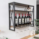 3-vånings väggmonterad metall vinställ med glashållare Industriell design Rustik brun