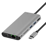 Onten 9591BD 8 in 1 USB-C / Type-C to PD USB-C / Type-C Charging + 100M Ethernet Port + Dual USB 3.0 + HDMI + VGA + SD Card Slot + 3.5mm AUX HUB (Grey