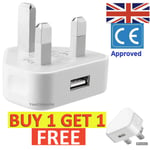 3 Pin UK Mains Wall Plug Adapter For Tablets Phones Single Port USB Charger