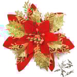 Set med 12 julblommor 14 cm med 12 klämmor 12 konstgjorda julstjärnor för julgran, festdekorationer Julgransdekoration (rött guld)