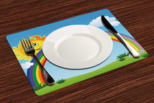 Table Mats(Set of 4),Rainbow,Fun Sun Holding Rainbow on Green Hill with Clear Sky Child Friendly Image Decor,Non-slip, Heat Resistant, Washable for Kitchen Dinner Party Home Gathering Outdoor Barbecue