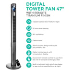 LIVIVO Digital Tower Fan Titanium Ultra Slim 47" Home Office Oscillation Cooling