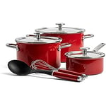 KitchenAid Steel Core Enamel 8 Piece Cookware Set with Lids, German Engineered Enamel, Induction, Oven Safe, Empire Red