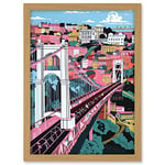 Artery8 Clifton Suspension Bridge Pink and Teal Cityscape Artwork Framed A3 Wall Art Print
