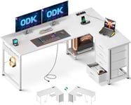 ODK Bureau d'angle avec Tiroirs, Bureau en L avec Prises et Ports USB, Bureau Angle avec Rangement Réversible pour Le Travail à Domicile, Blanc, 155×110 cm
