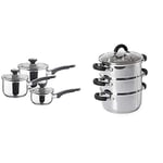 Prestige - Everyday - 3pc Saucepan Set with Lids & Tower Essentials Steamer Pans 3 Tier with Glass Lid, Silicone Handles, Stainless Steel, Steamer Cooking, Polished Mirror Finish, 18 cm