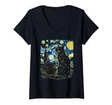 Womens Starry Night Black Cat Van gogh V-Neck T-Shirt