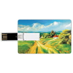 64G USB Flash Drives Credit Card Shape Rustic Memory Stick Bank Card Style Barren Path to Small Village Plenty of Plants and Trees Oil Painting Image,Green Yellow Blue Waterproof Pen Thumb Lovely Jump