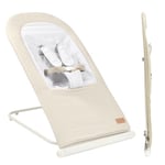 BÉABA, Transat Bébé Pliable, 3 inclinaisons en 1 Bouton, Ultra Compact et Fin, Harnais 5 Points, Système Pliage Breveté, 100% Coton, Jusqu'à 15kg, Housse Transport Incluse, Eazy Relax - Greige