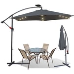 Parasol Gris led Solaire Ø350cm feu tricolore parasol jardin parasol marché parasol manivelle balcon aluminium inclinable - gris - Einfeben