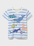 Crew Clothing Kids' Fish Print Stripe T-Shirt, White/Blue