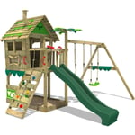Fatmoose - Aire de jeux Portique bois JungleJumbo avec balançoire et toboggan Maison enfant exterieur avec bac à sable - vert - vert