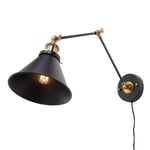 Wall Light, Metal Sconce Vintage Black Wall Lamp Black Indoor Mounted Light Fixture with Plug in Cord On/Off Switch Fixture Adjustable Simplicity Swing Arm Wall Lights for Bedroom Bedside Reading