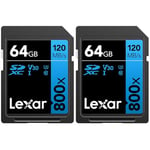 Lexar High-Performance 800x Carte SD 64 Go, Carte Memoire SDXC UHS-I, Jusqu'à 120 Mo/s en Lecture (LSD0800064G-BNNAG) Bleu (Lot de 2)