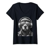 Womens cute dog with sunglasses and headphones for men women kids V-Neck T-Shirt
